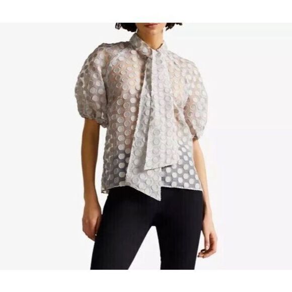 Ted Baker 259753 Women's Sz 1 Gray Caieta Organza Spot Tie Neck Blouse - Picture 11 of 12